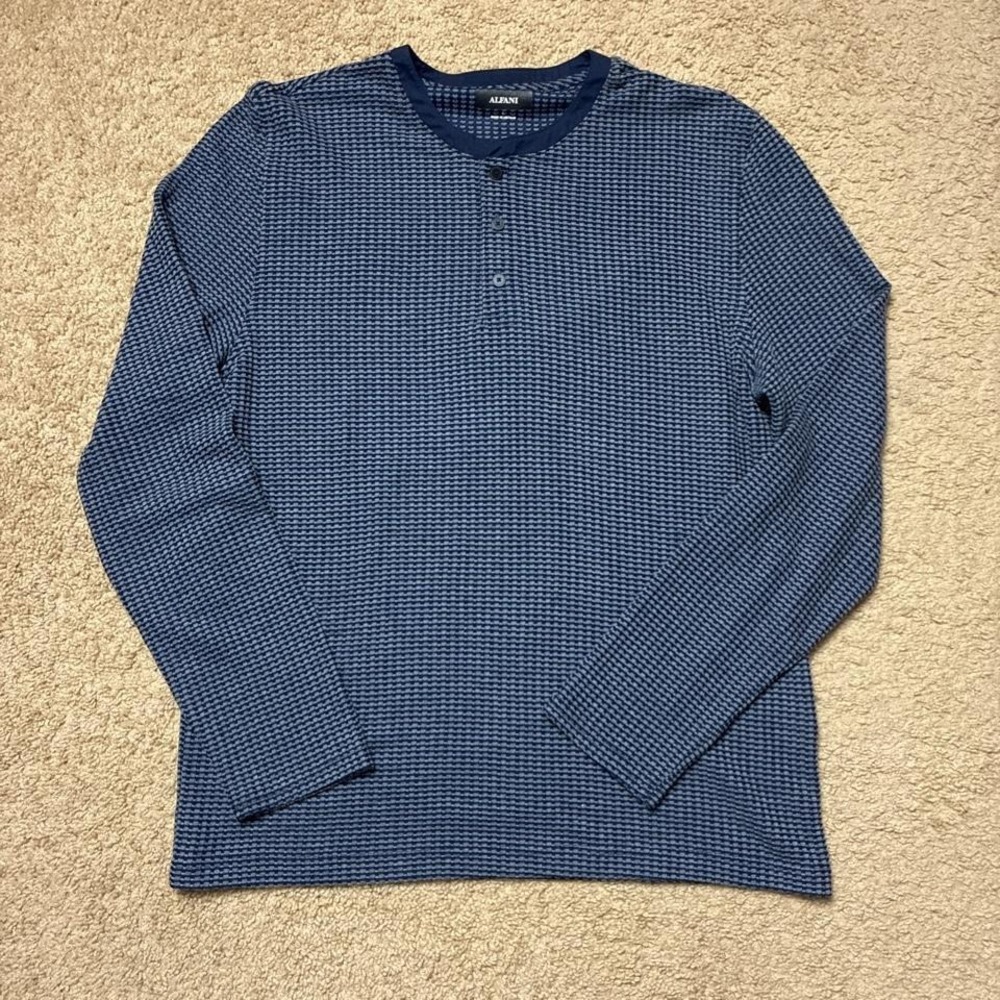 Alfani Navy Blue Checkered Knit Textured Henley Long Sleeve Shirt Size Large